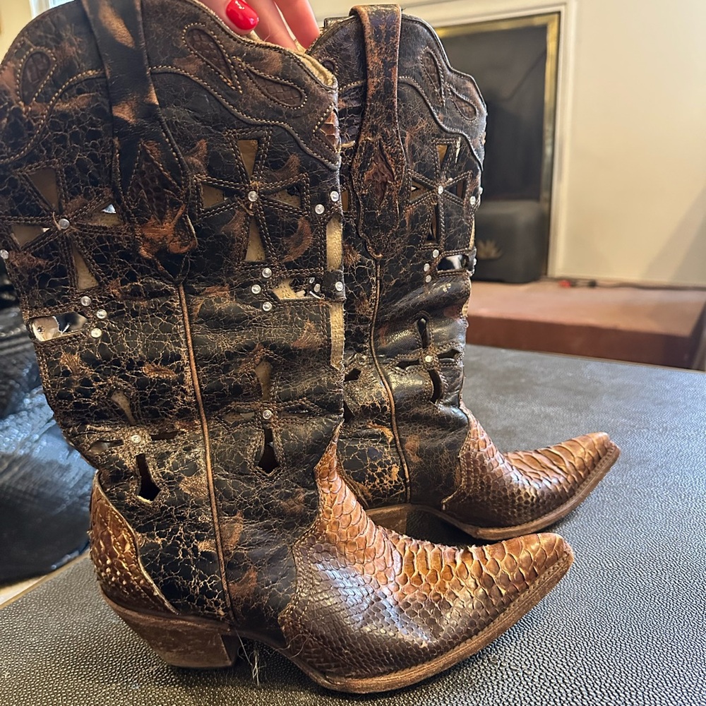 King Ranch Brown & Black Leather Python Boots - Size 9